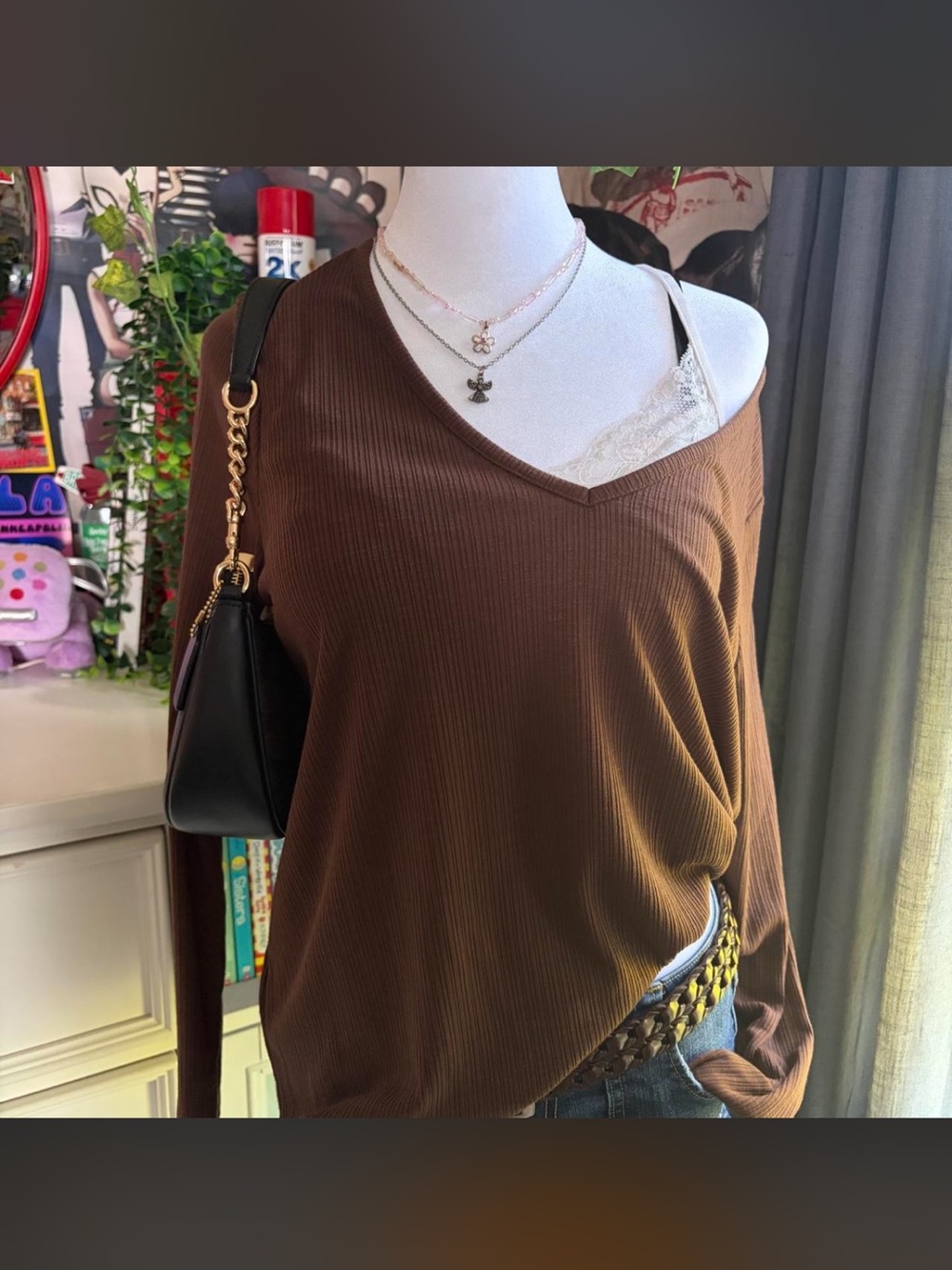 Old Navy Brown Ribbed V-Neck Long-Sleeve Top